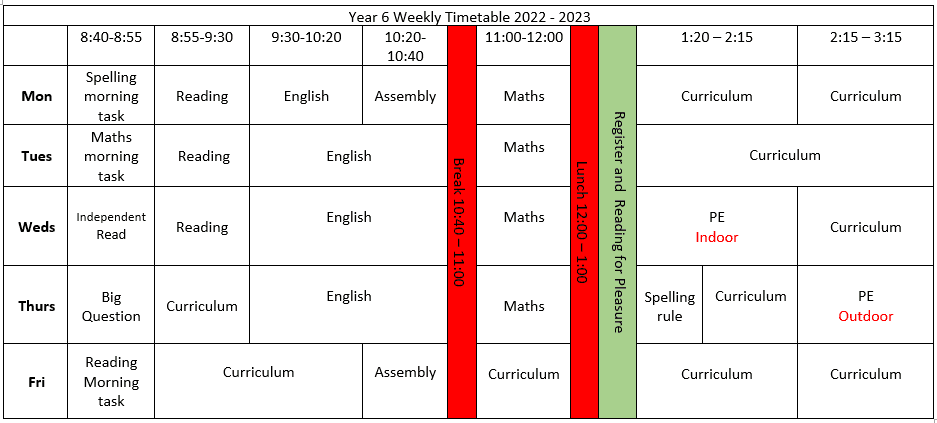 Year 6 Weekly Timetable