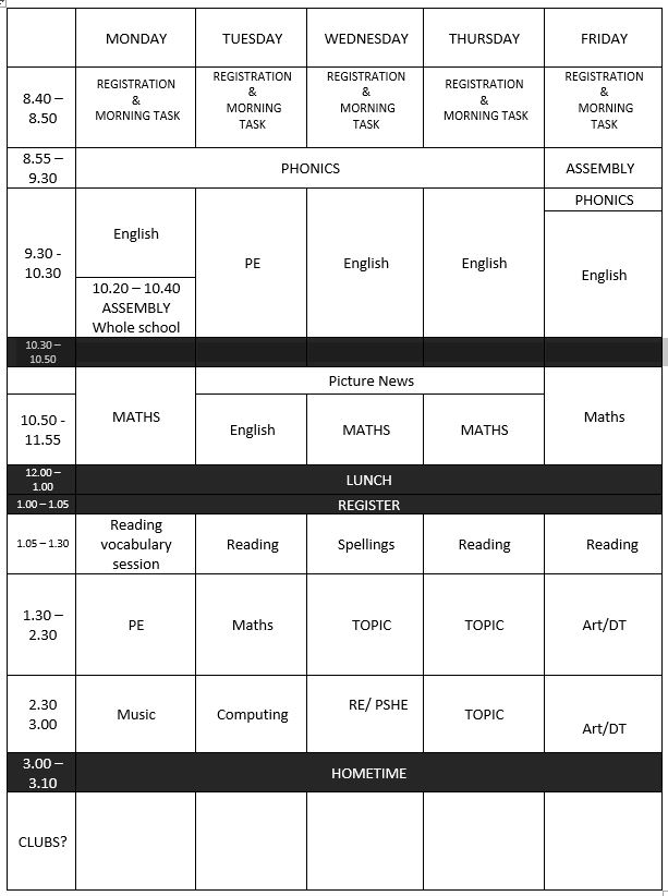 Yr1 Weekly Spring Timetable